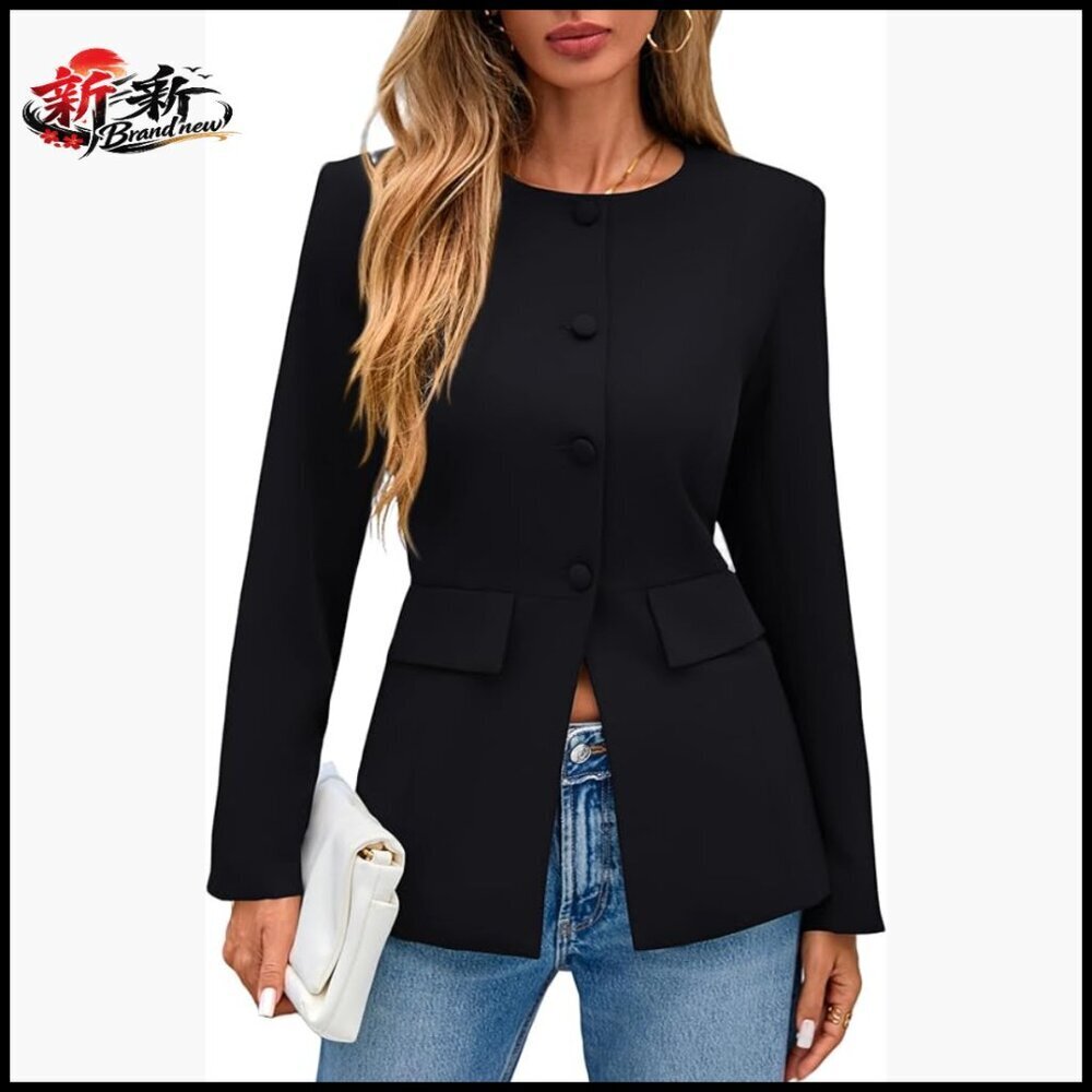 Long Sleeve Crewneck Button Down Blazer with Pockets, Polyester Elastane